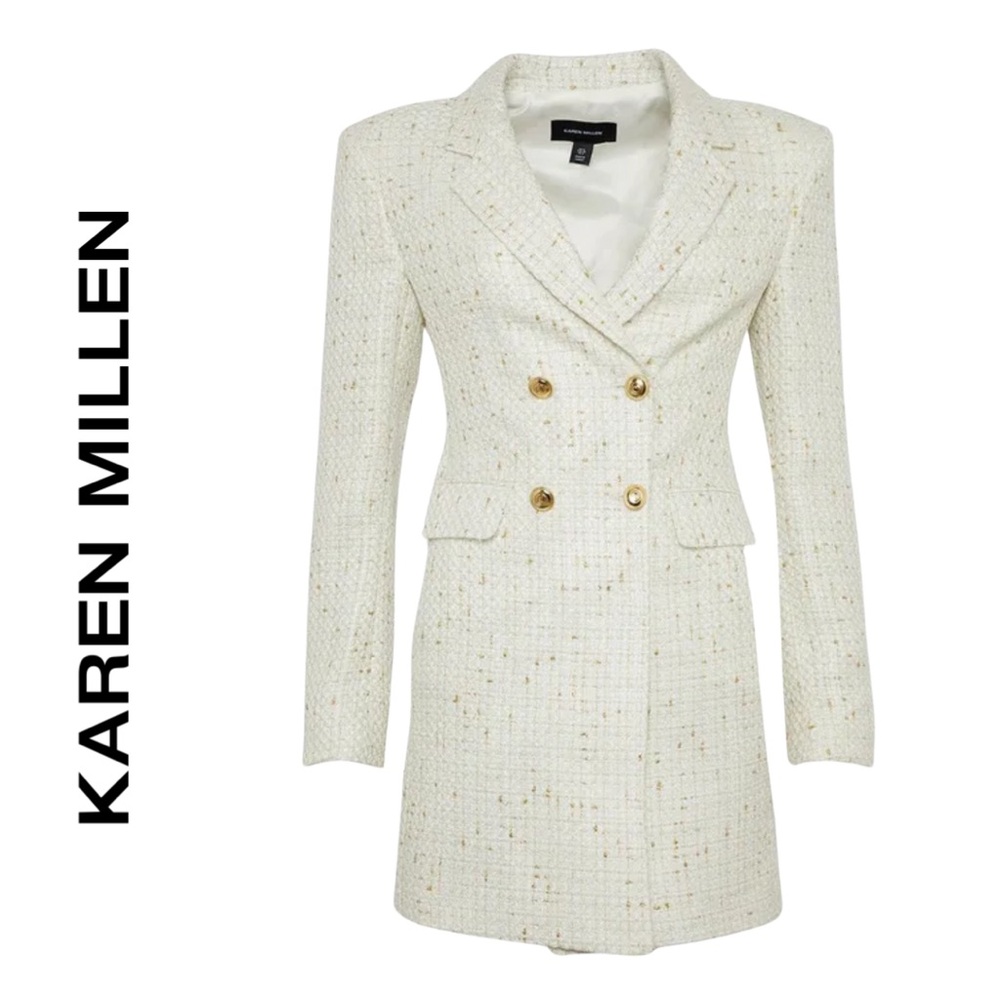 NEW W/ TAGS! Karen Millen Metallic Tweed Blazer Dress in Ivory w/ Gold Buttons